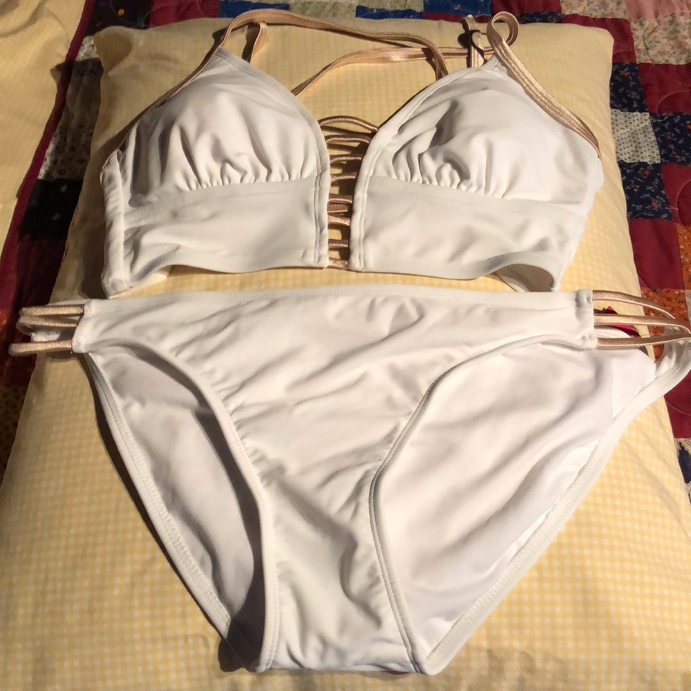 BRAND NEW w/tags, 2 pc white bikini. Bottom, cheeky XL, top D/DD. Gold trim.